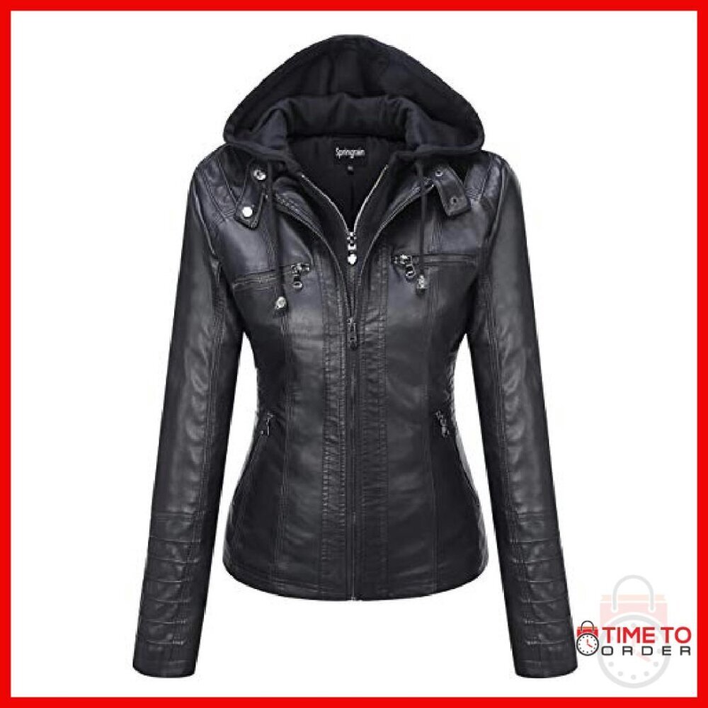 Faux Leather Moto Jacket with Detachable Hood, Zippered Pockets - Picture 2 of 8